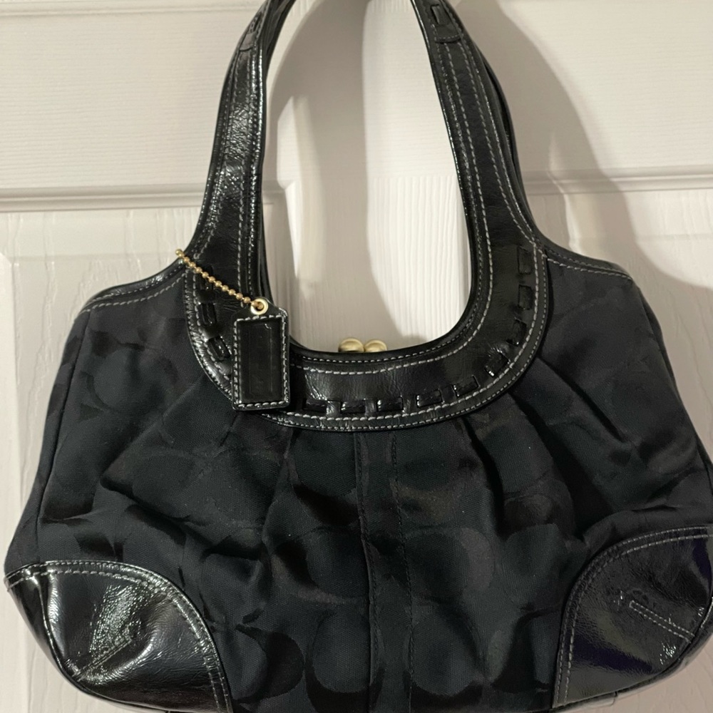Coach Satchel Handbag Kisslock Closure Black & light blue